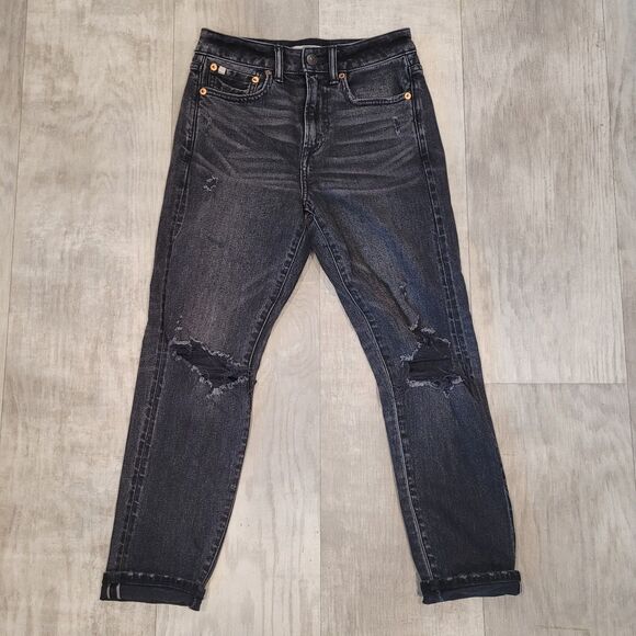American Eagle Mom Jeans Sz 0 Short (25x24) Black Destroyed Cuffed Denim Organic - Picture 1 of 7